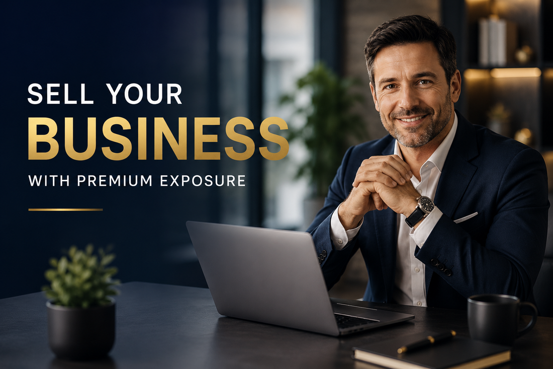 Premium business sale banner showing professional business owner promoting a company for sale
