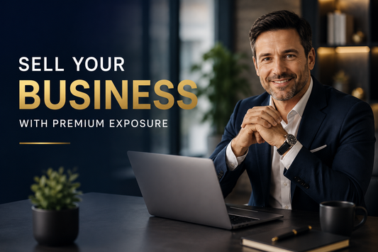 Premium business sale banner showing professional business owner promoting a company for sale