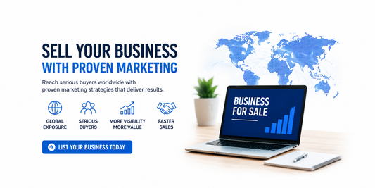 Sell Your Business With Proven Marketing banner featuring global buyer exposure, serious buyers, business growth charts, and professional business sale marketing design.