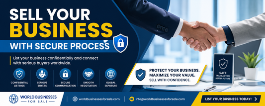 Sell Your Business With Secure Process banner featuring professional handshake, confidential business sale messaging, secure negotiations, and global buyer exposure.