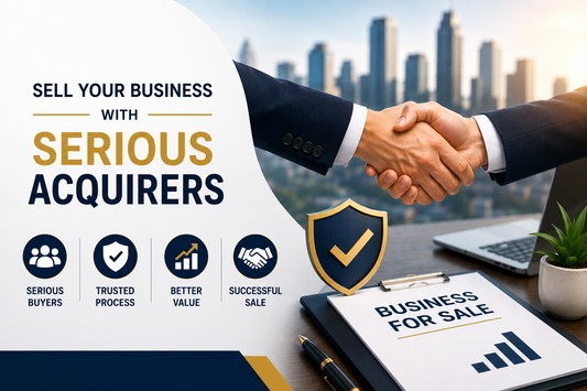Business sale banner showing a professional handshake, city skyline, trust shield, business for sale document, and “Sell Your Business With Serious Acquirers” text.