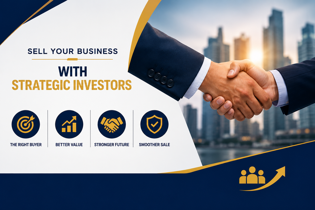 Professional business sale banner showing a handshake with the message sell your business with strategic investors.