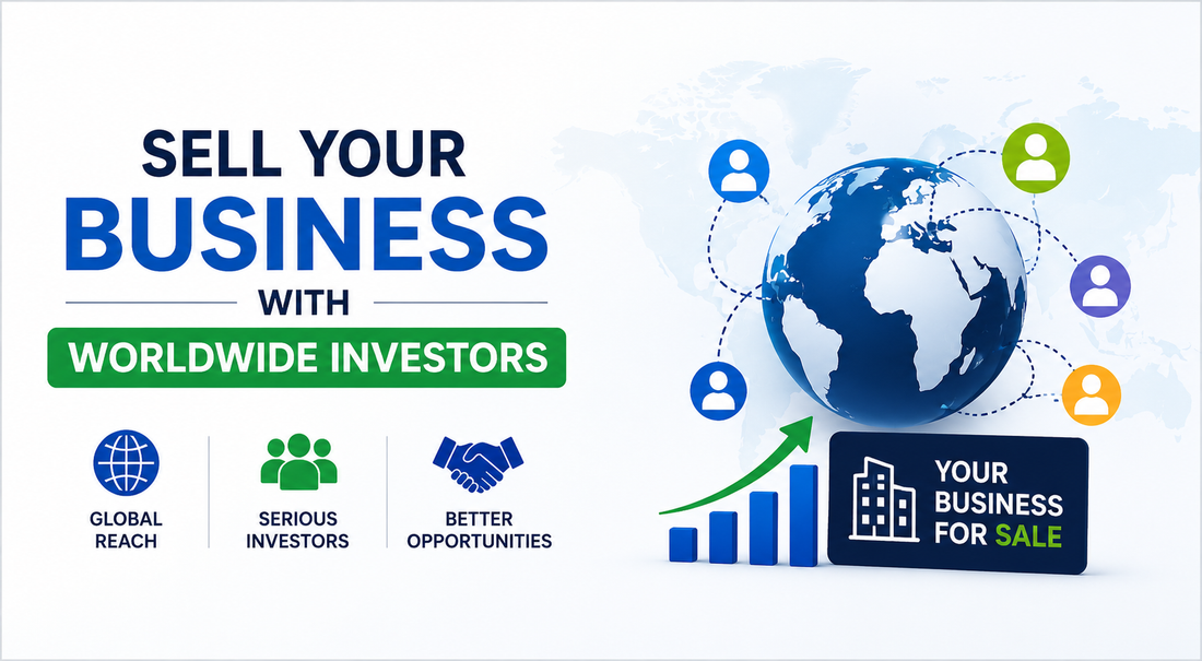 Professional banner showing global investor network, globe, business for sale sign, and growth chart for selling a business with worldwide investors.