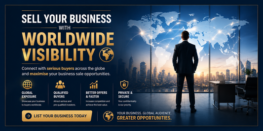 Sell your business with worldwide visibility banner featuring global buyer network, international business exposure, qualified investors, and secure business sales platform.