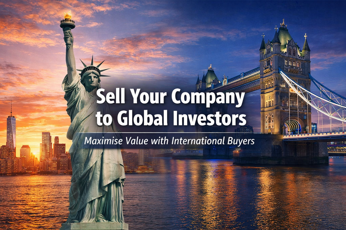 Sell your company to global investors banner with international landmarks and bold business sale message