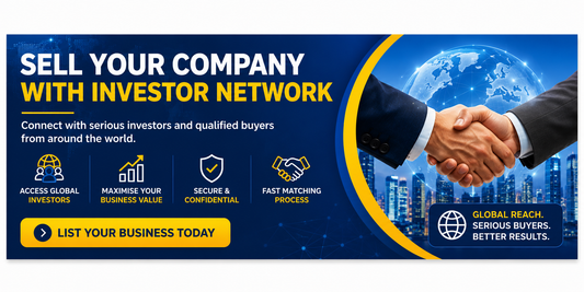 Sell Your Company With Investor Network banner showing global investors, qualified buyers, and business sale opportunities