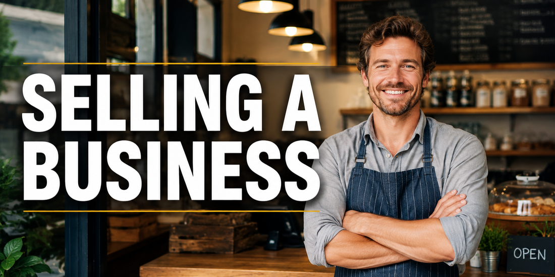 Small business owner standing inside a café with Selling a Business title text