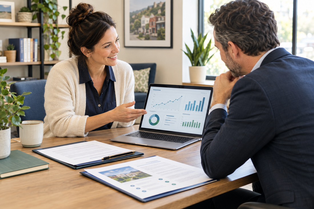 Business owner and prospective buyer reviewing website analytics alongside sale paperwork.