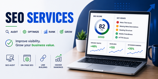 SEO services banner showing a laptop with SEO score dashboard, audit checks, link building and ranking growth icons.