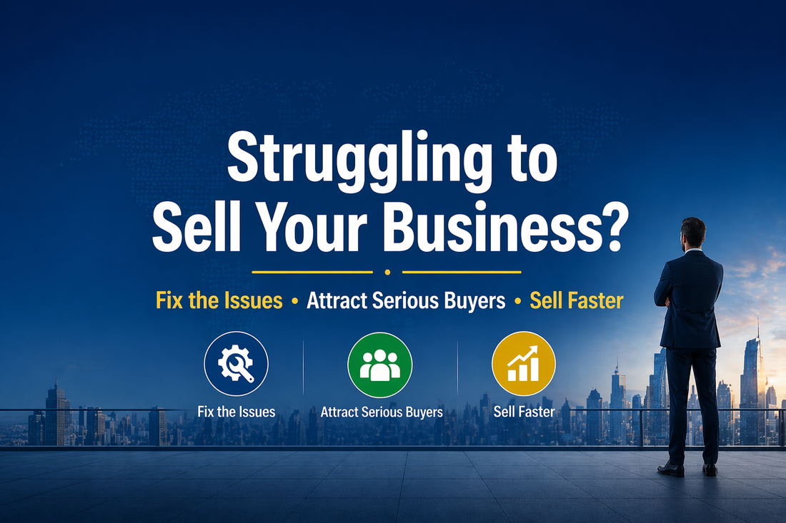Struggling to sell your business banner with bold headline and strategy-focused message for attracting buyers and selling faster