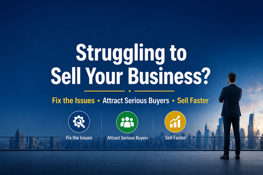 Struggling to sell your business banner with bold headline and strategy-focused message for attracting buyers and selling faster