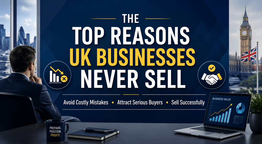 Professional UK business banner showing a business owner analysing performance, with London skyline and bold text “The Top Reasons UK Businesses Never Sell” and subheading about avoiding mistakes and attracting buyers.