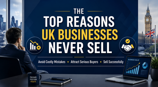 Professional UK business banner showing a business owner analysing performance, with London skyline and bold text “The Top Reasons UK Businesses Never Sell” and subheading about avoiding mistakes and attracting buyers.