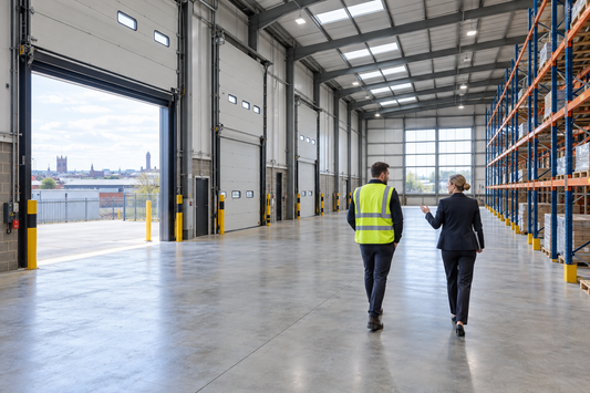 Prospective tenant inspecting warehouse space to let in West Bromwich.