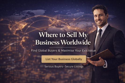 Premium global business sale banner with centered headline “Where to Sell My Business Worldwide,” world map background and professional executive holding documents with call-to-action button.