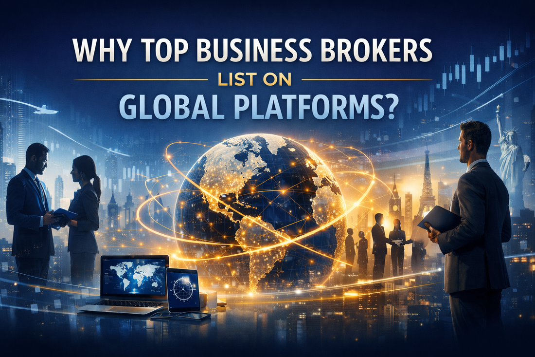 Why top business brokers list on global platforms – professional brokers analysing international markets with digital globe, financial charts and global skyline background symbolising cross-border deal flow and worldwide buyer reach.