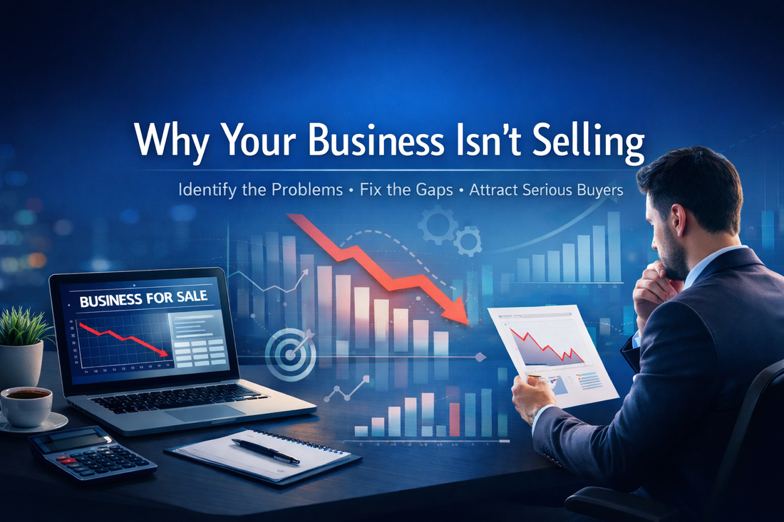 Professional business banner showing a declining sales graph and entrepreneur analysing performance with headline “Why Your Business Isn’t Selling” and subheading about fixing gaps and attracting buyers