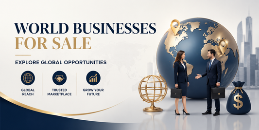 Global business opportunities illustration with business professionals shaking hands, world map, location markers, and finance icons promoting world businesses for sale.