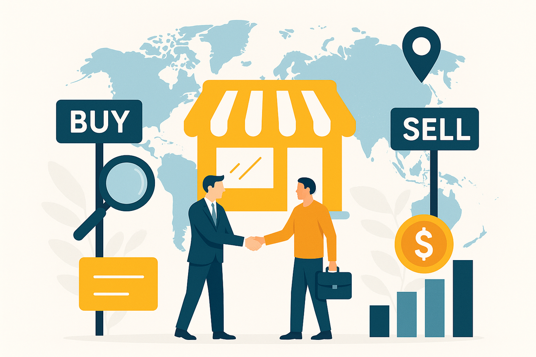 Illustration of two people buying and selling a business with global marketplace icons and storefront graphic.