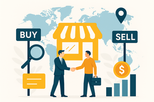 Illustration of two people buying and selling a business with global marketplace icons and storefront graphic.