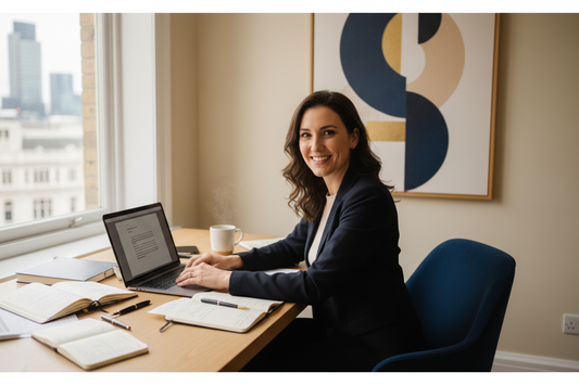Professional writer working on a laptop in a bright modern office contributing a guest post to a business website