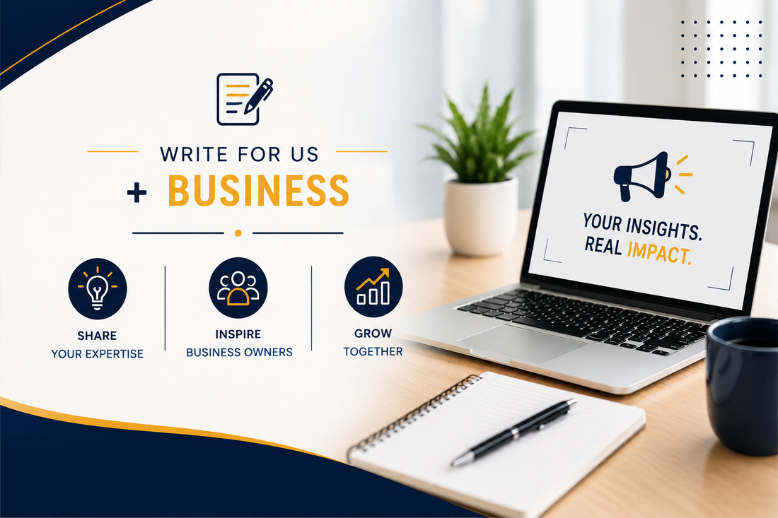 Write for us business guest post banner with laptop, marketing icons and professional workspace.