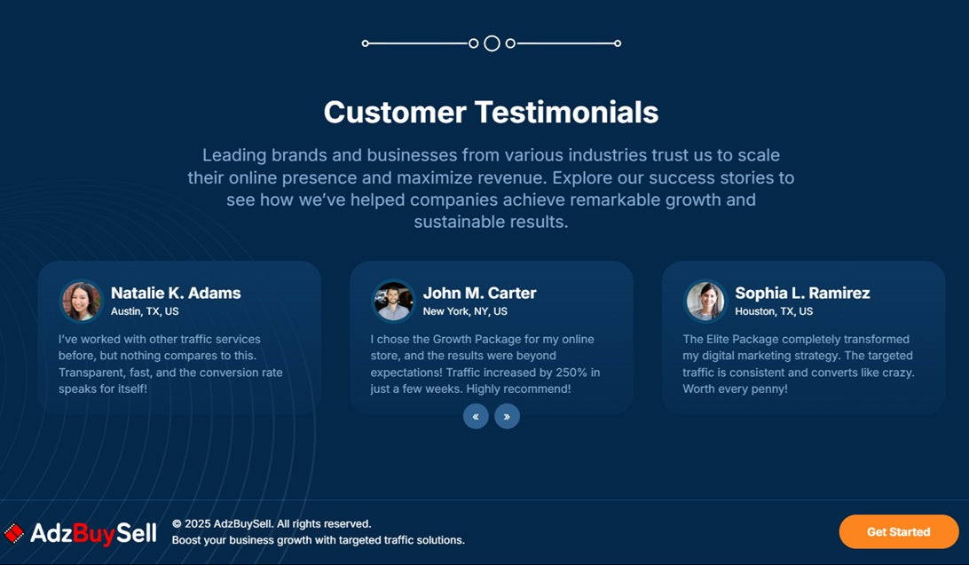Customer testimonials section on a blue background with user profiles and quotes.