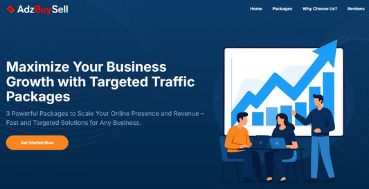 AdzBuySell website with a blue background and text about maximizing business growth with targeted traffic packages.