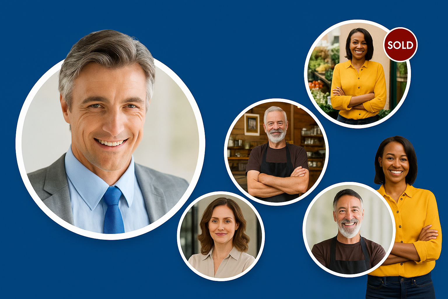 Horizontal banner featuring smiling business brokers and owners in circular frames against a blue background, with one 'SOLD' label indicating successful business sales — promoting partnerships with WorldBusinessesForSale.com to help brokers reach more buyers and close more deals.