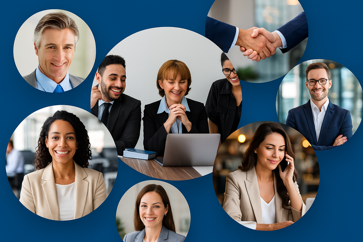 Collage of diverse business professionals in circular frames collaborating, smiling, and shaking hands — set against a modern blue background — representing expert support and professionalism for business valuation services.