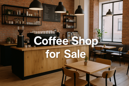 Coffee shop interior with tables, chairs, and a counter with text overlay 'Coffee Shop for Sale'.