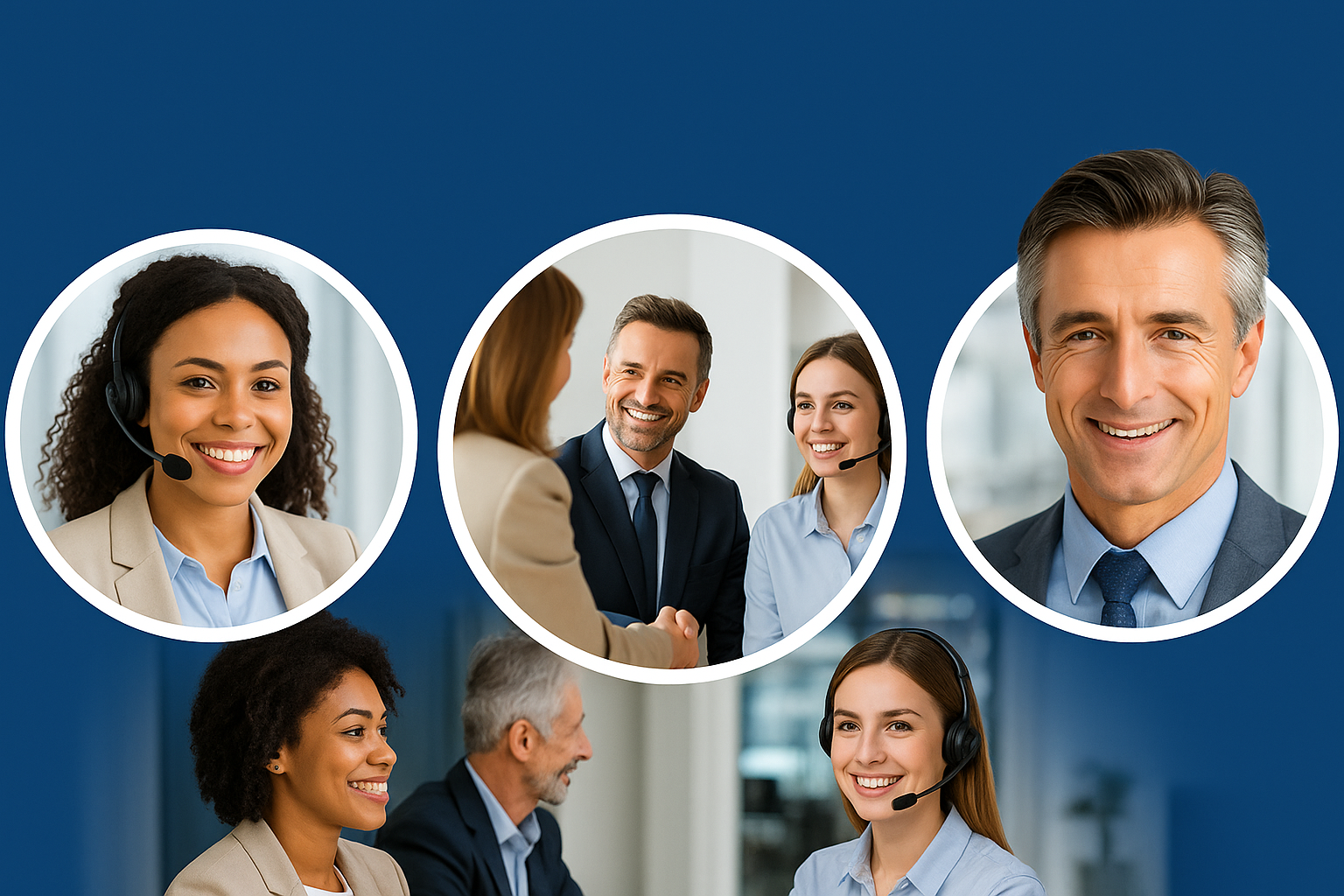 Contact Us banner featuring five professional customer support representatives in circular frames on a blue background — smiling individuals with headsets and business attire, conveying approachability, readiness, and helpful service.