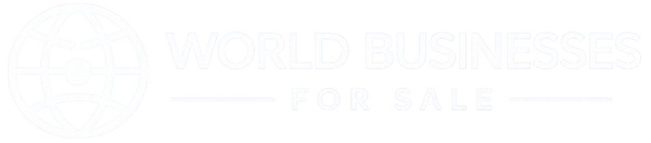 Compact World Businesses For Sale header logo featuring white globe icon and modern typography on blue background for global business marketplace branding.