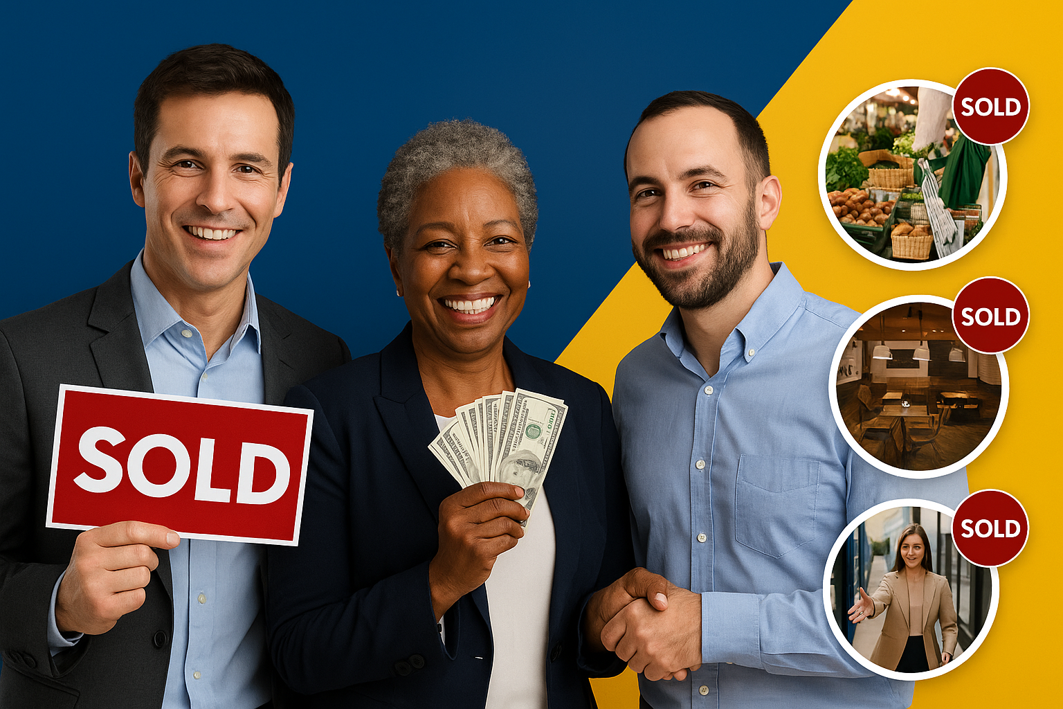 Happy business owners celebrating after successful sales — one holding a 'SOLD' sign, another holding cash, and a handshake between two men — with circular images of sold businesses in the background, promoting the message: sell your business with no commission.