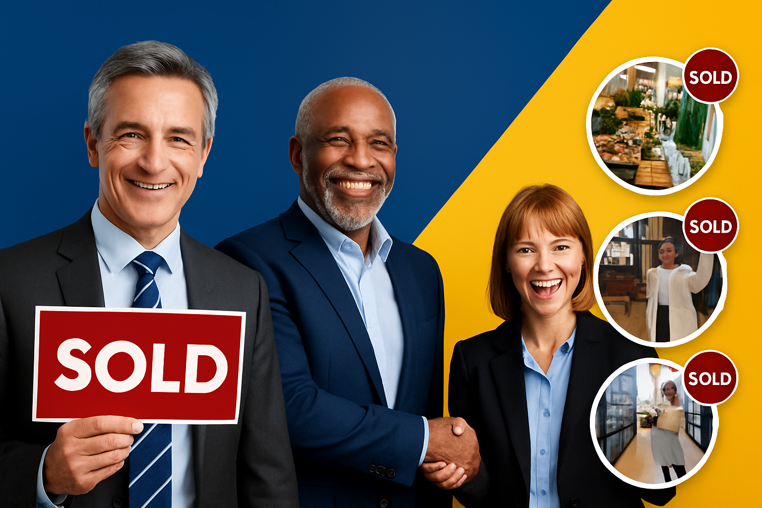 Smiling business owners holding a 'SOLD' sign and shaking hands, with images of sold businesses in the background — visually representing successful business sales and encouraging users to sell their business with low commission.