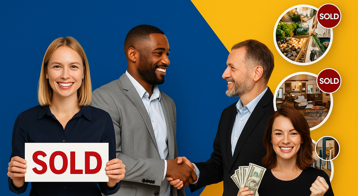 Business owners celebrating swift business sales — featuring a woman holding a 'SOLD' sign, two men shaking hands, and a woman holding cash — with circular images of sold businesses like a grocery store, cafe, and showroom in the background, representing fast and successful transactions.