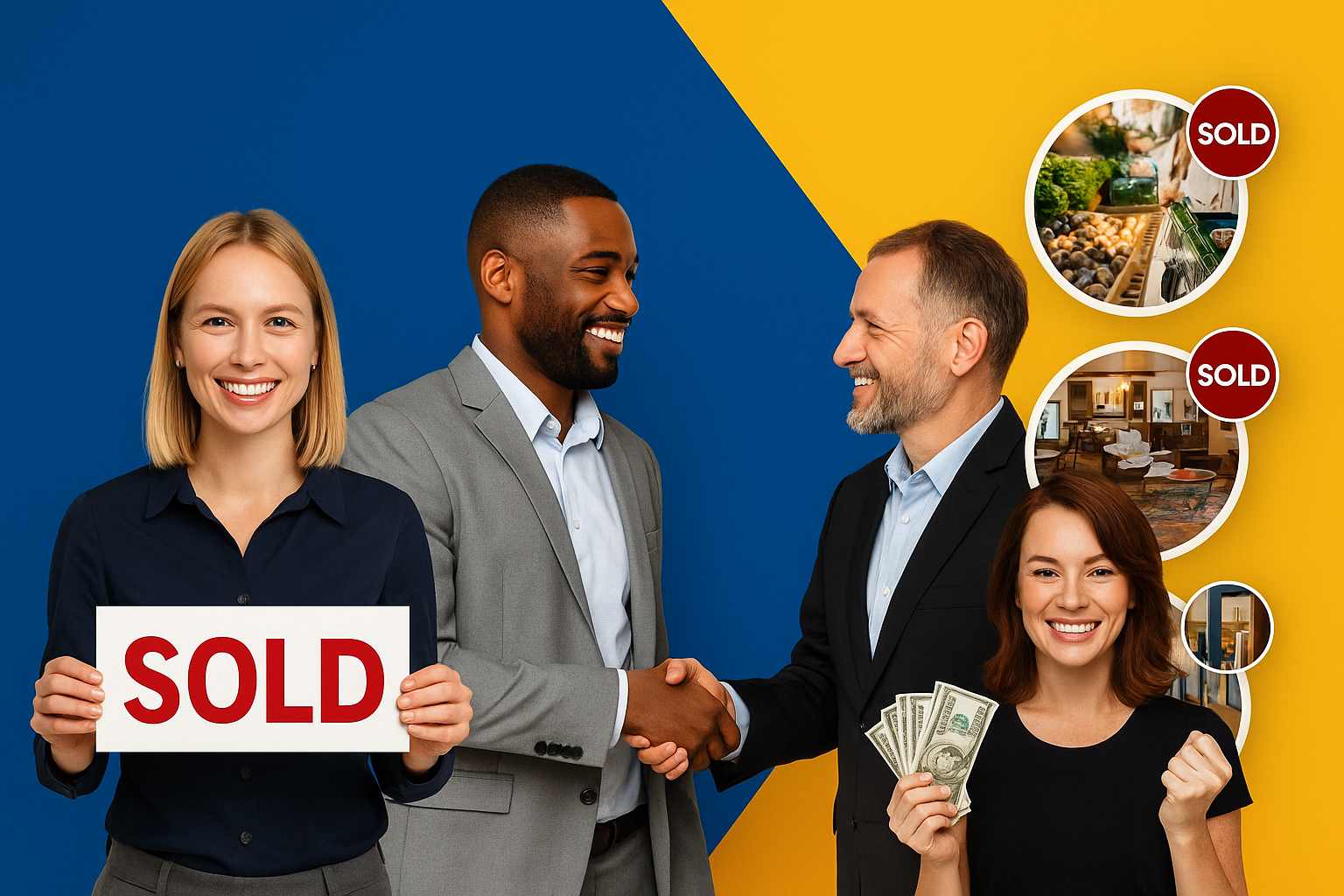 Business owners celebrating swift business sales — featuring a woman holding a 'SOLD' sign, two men shaking hands, and a woman holding cash — with circular images of sold businesses like a grocery store, cafe, and showroom in the background, representing fast and successful transactions.