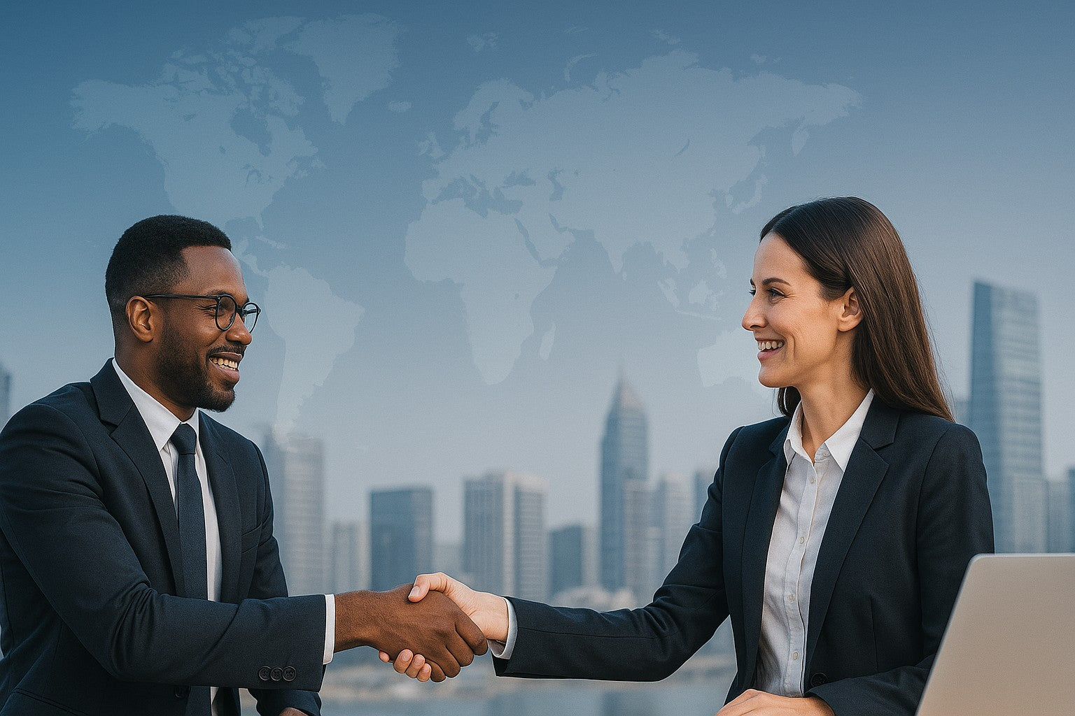 Two business professionals in suits shaking hands with a city skyline and world map in the background, symbolizing trust and global reach. Sell Your Business, No Commission.
