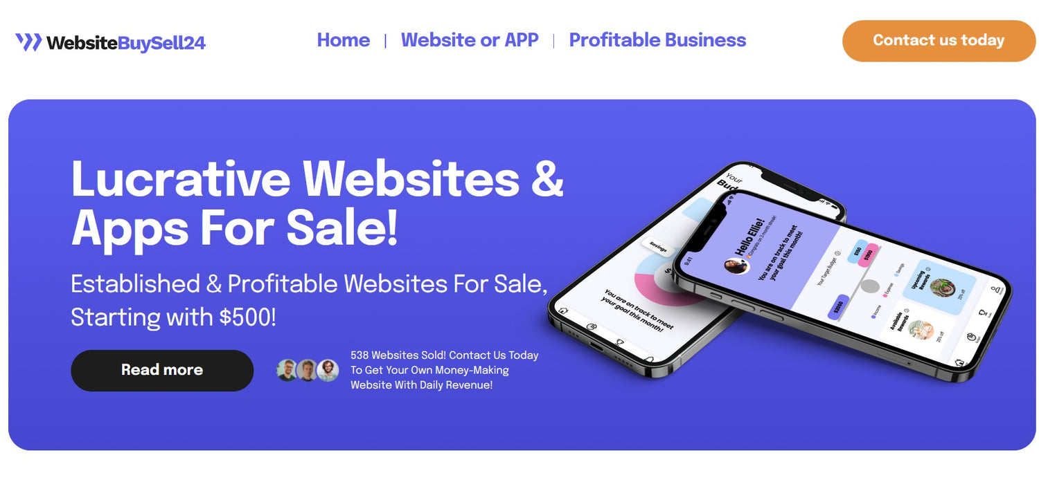 Advertisement for lucrative websites and apps for sale with a blue background and smartphone images.