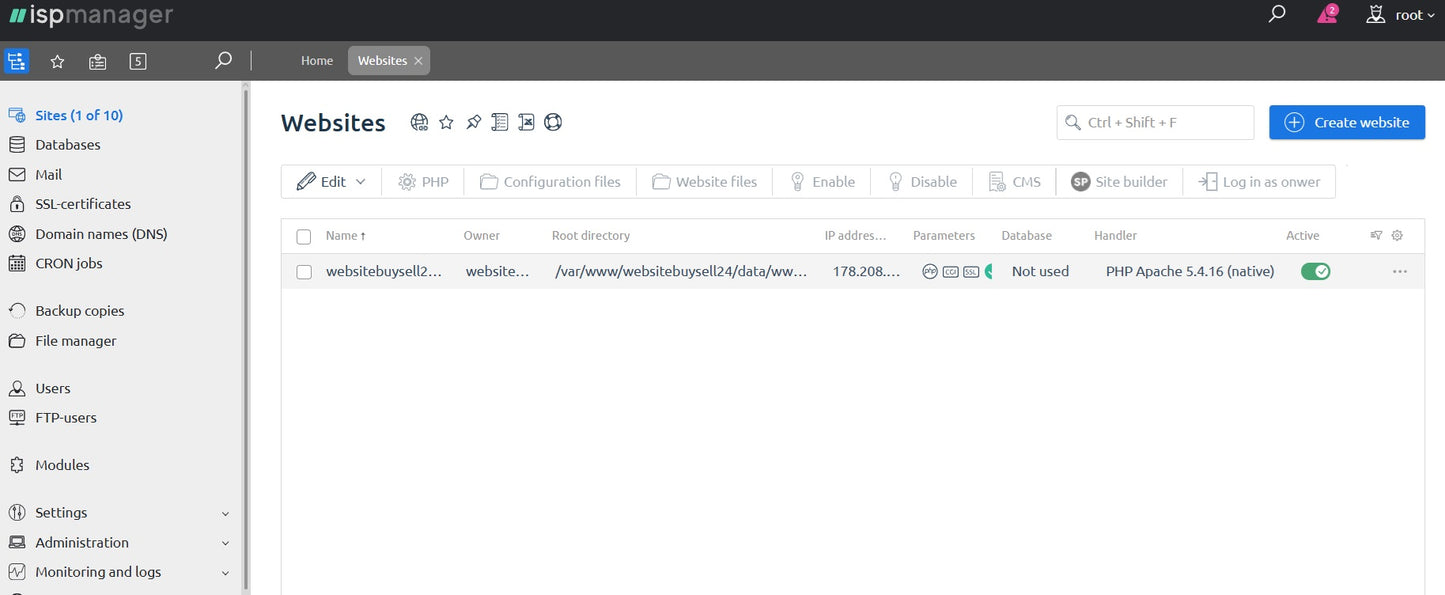 Web hosting control panel with 'Websites' section on a computer screen