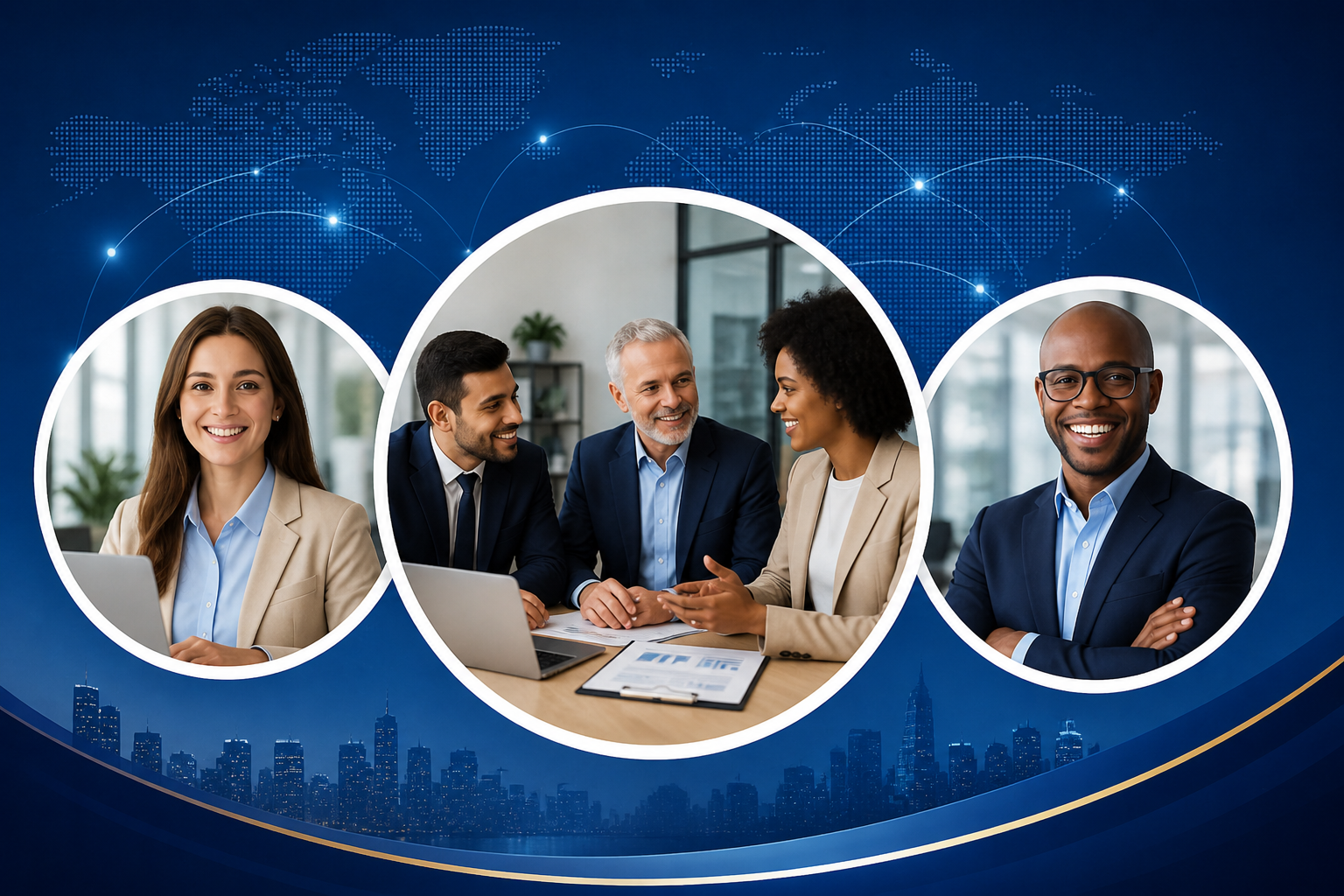 About Us banner featuring four diverse business professionals in circular frames across a dark blue background — two smiling headshots, one handshake moment, and one team conversation — symbolizing trust, collaboration, and professionalism.