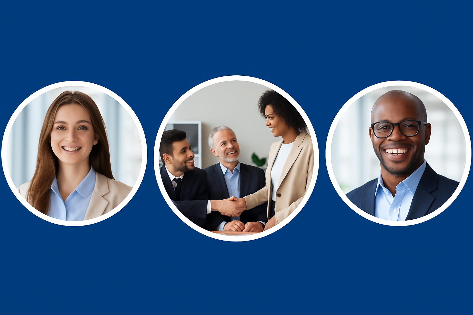 About Us banner featuring four diverse business professionals in circular frames across a dark blue background — two smiling headshots, one handshake moment, and one team conversation — symbolizing trust, collaboration, and professionalism.