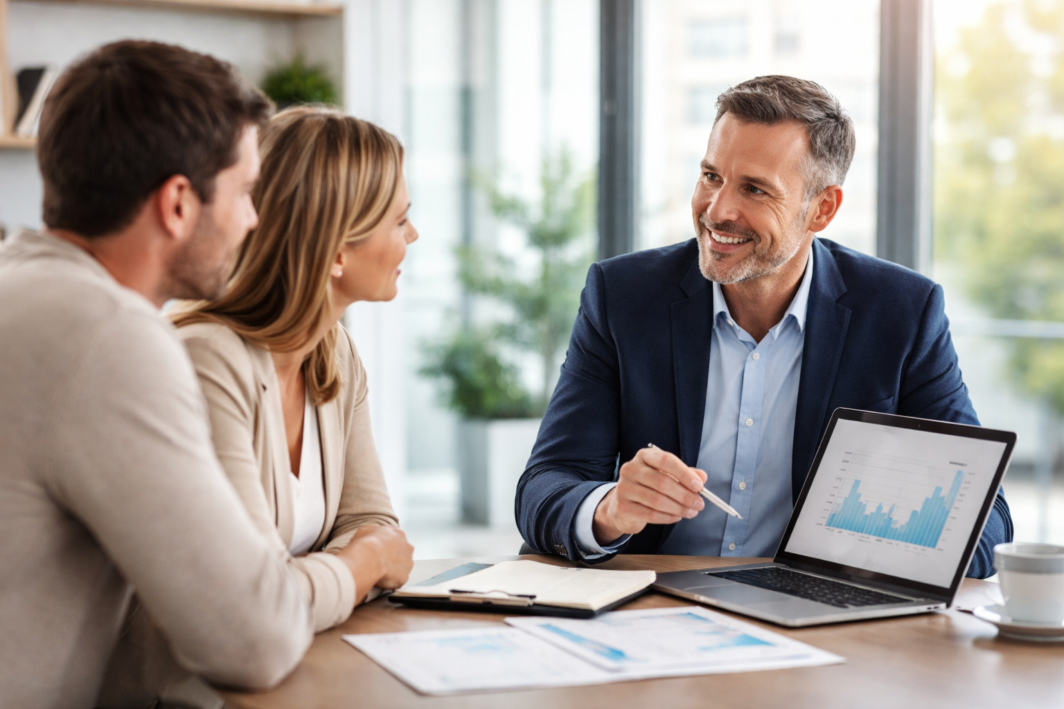 Business advisory meeting showing experienced advisor guiding clients on strategic decisions