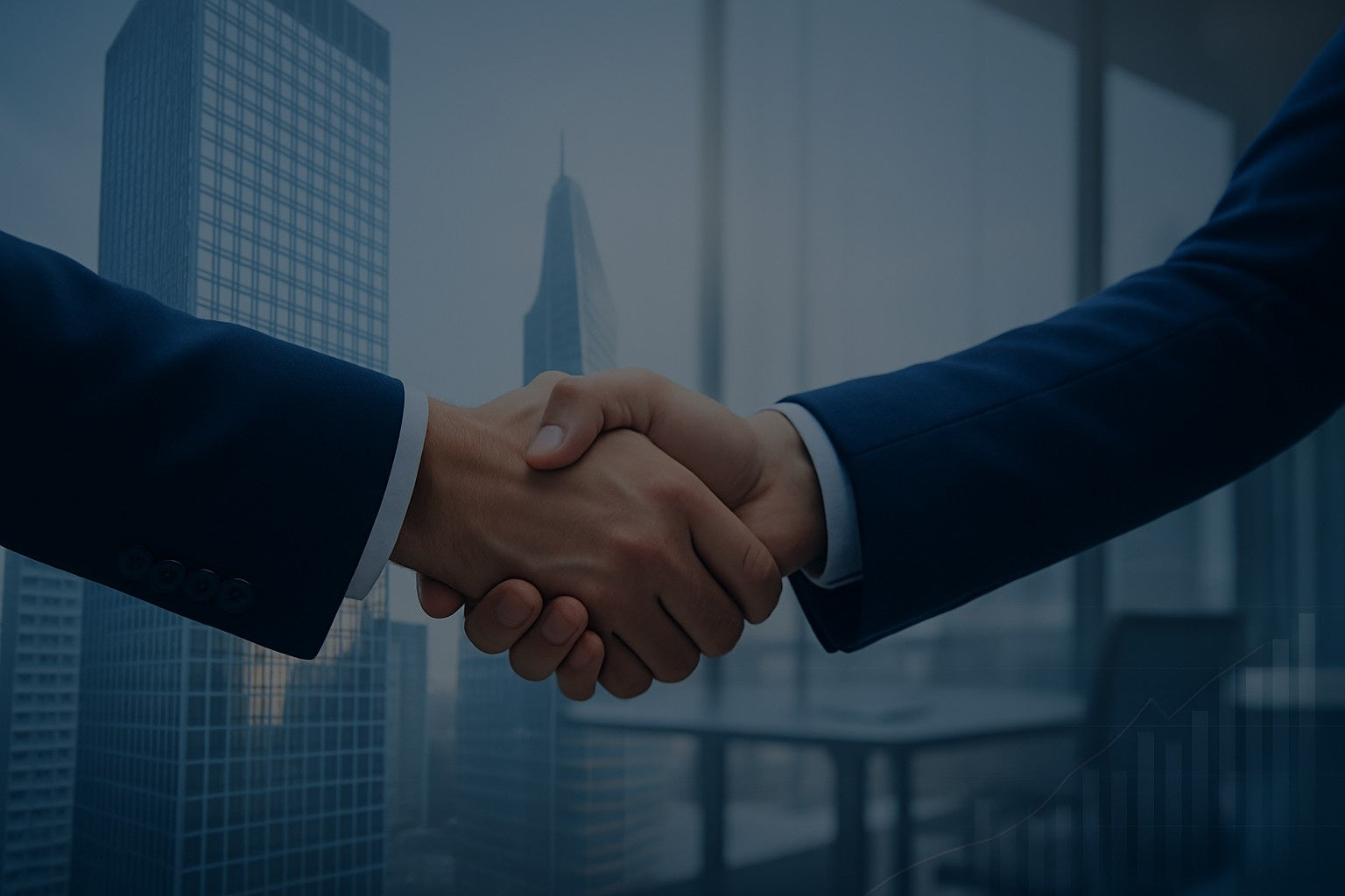 Two business professionals in suits shaking hands in front of tall glass skyscrapers, symbolizing partnership and trust, with a subtle overlay of financial growth charts.