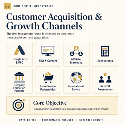 Customer acquisition strategy using Google Ads, SEO, affiliates, partnerships and international sellers