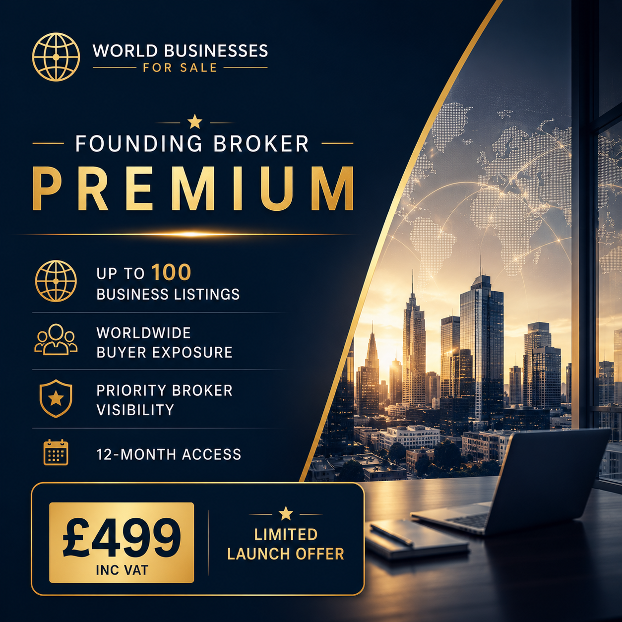 Founding Broker Premium launch offer banner by World Businesses For Sale featuring worldwide buyer exposure, priority broker visibility, 12-month access, and £499 inc VAT pricing for up to 100 business listings.
