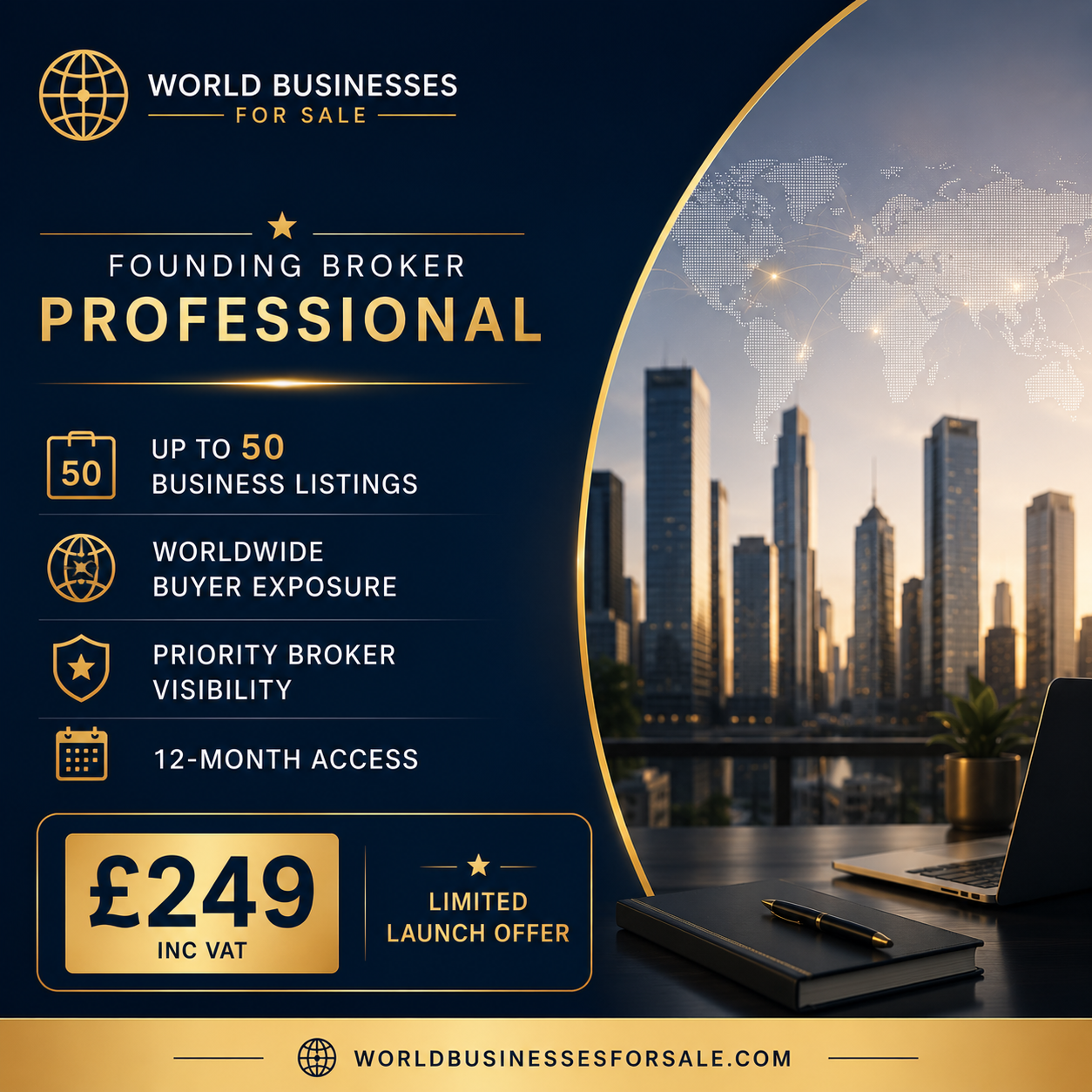 Founding Broker Professional launch offer banner by World Businesses For Sale featuring enhanced global exposure, priority broker directory profile, dedicated broker support, 12-month access, and £249 inc VAT pricing for up to 50 business listings.