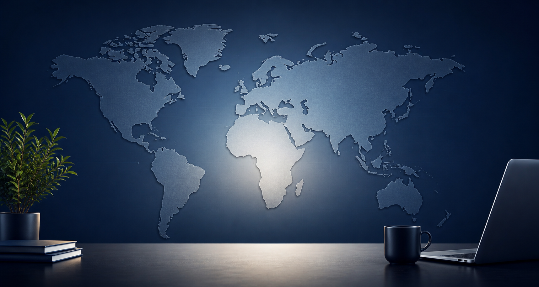 Global business marketplace concept with world map and modern workspace representing international buyers and sellers