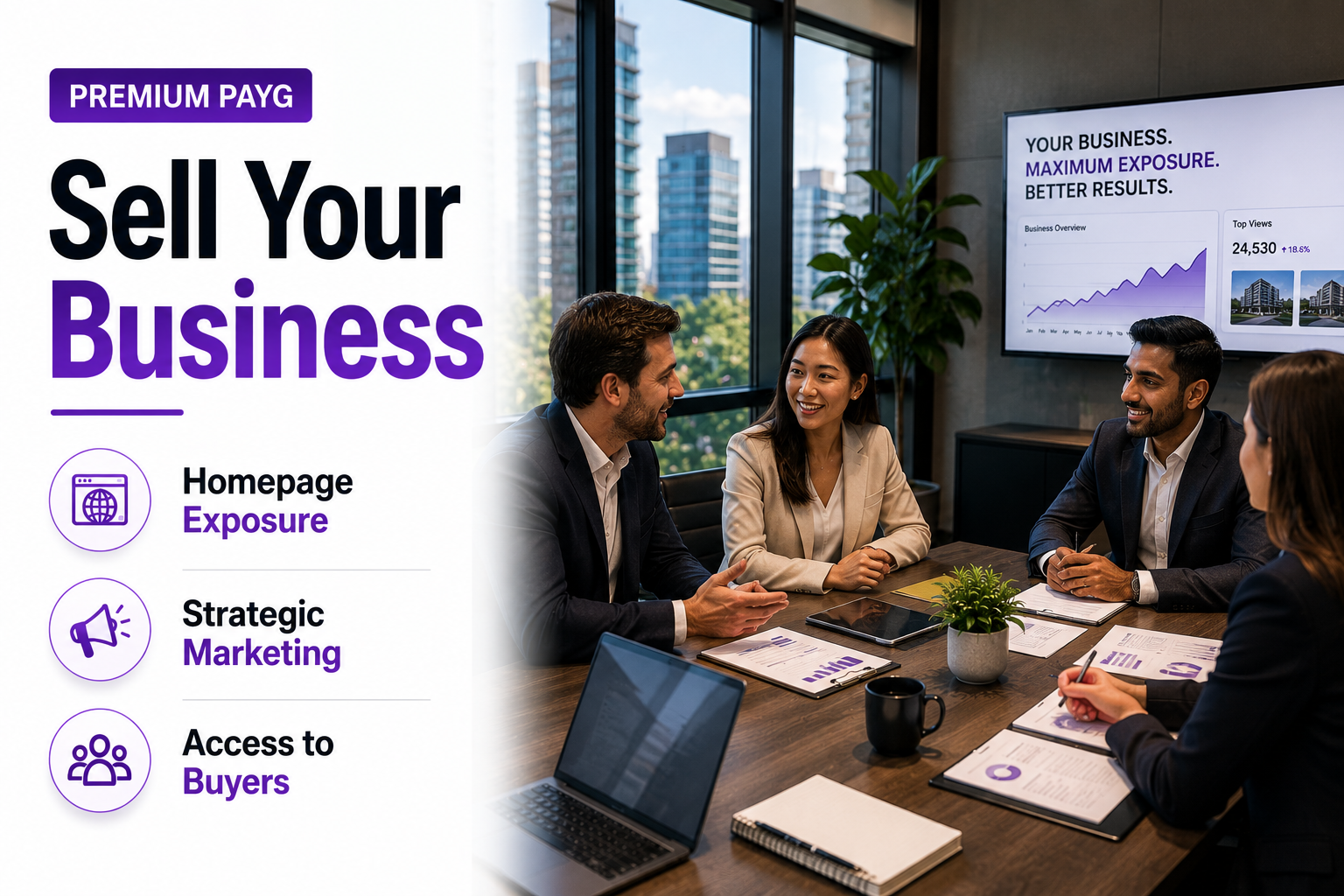 Premium PAYG business selling plan banner with homepage exposure and executive boardroom meeting