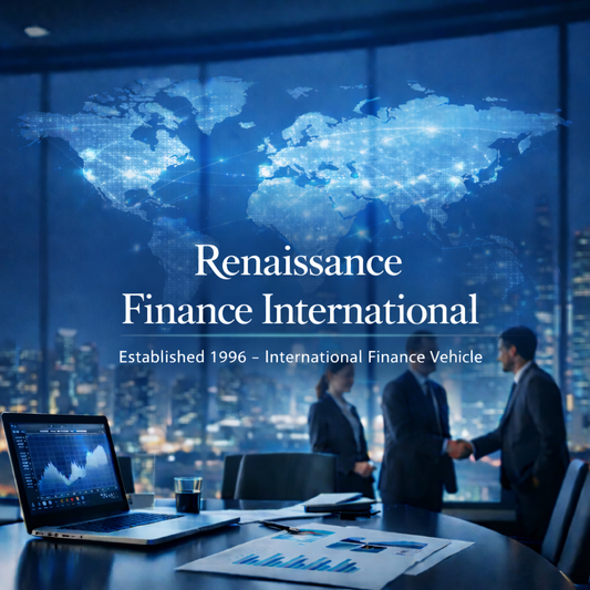 Renaissance Finance International global finance company banner with world map, corporate office meeting, and international financial services branding